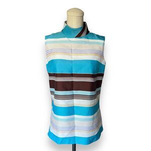 Vintage 70s Aqua Brown Striped Tank Top Collared Button Back Shirt Casual Summer